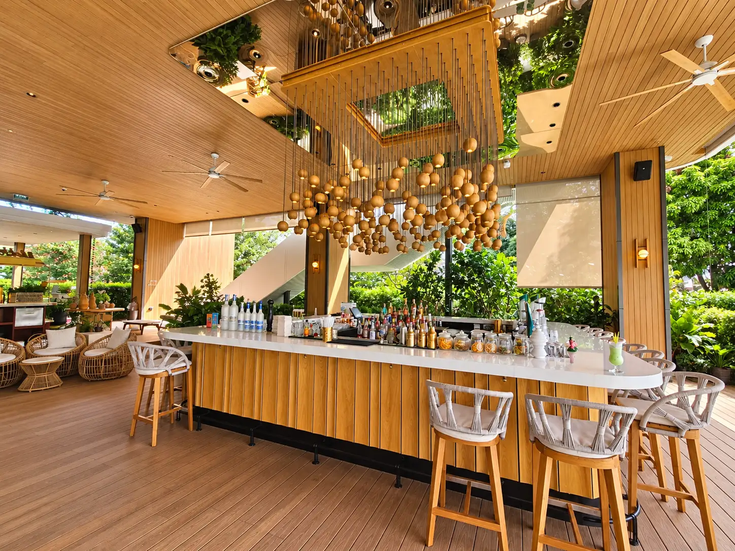 Bar area with hanging globe lights